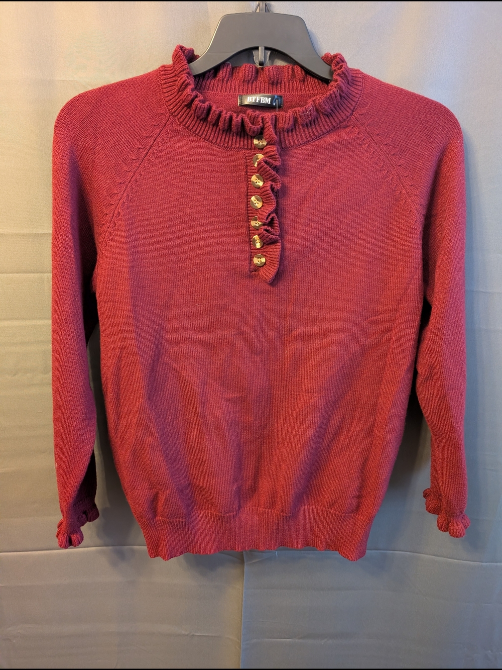 BTFBM NWT Maroon Red Ruffle Mock Neck Button Henley Pullover Sweater Size S